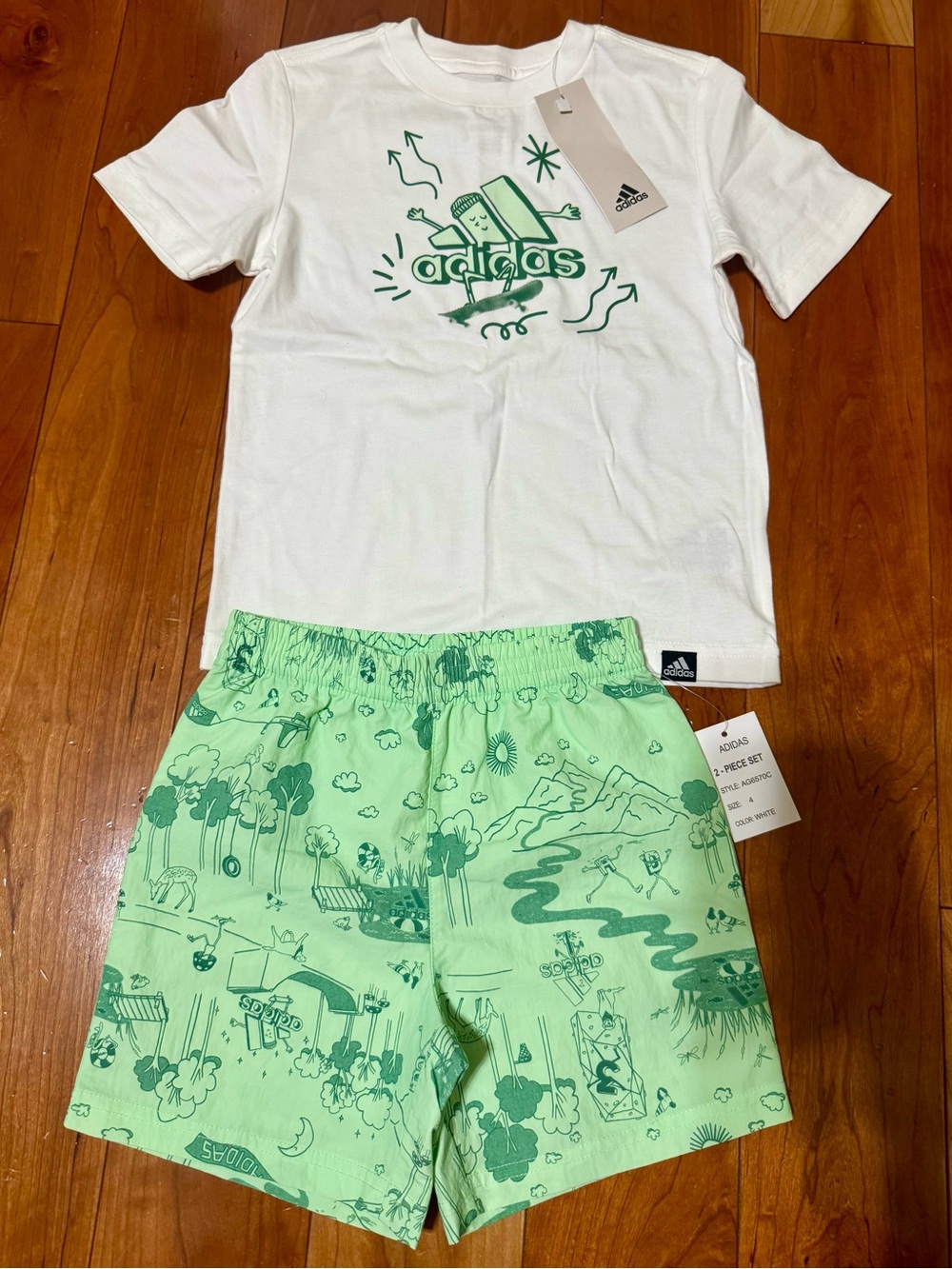 NWT Adidas White Tee with Mint Green Nature Print Shorts Set